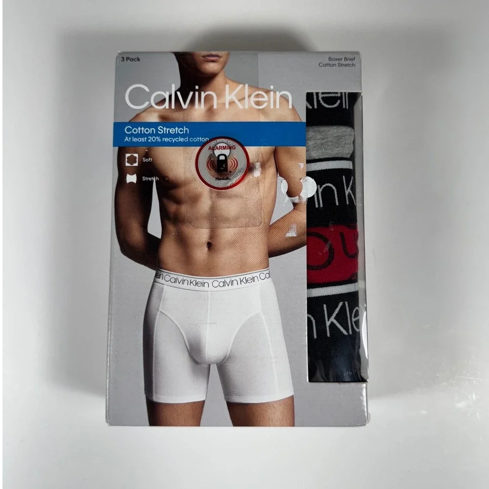 CALVIN KLEIN 3 Pack Cotton Stretch Boxer Briefs Black Red Gray Sz S (28-30) NEW